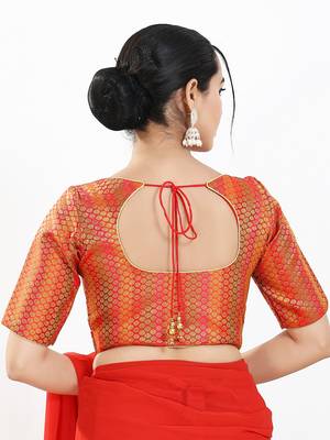 Women's brocade padded front open elbow sleeves saree blouse 2