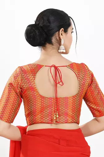 Women's brocade padded front open elbow sleeves saree blouse