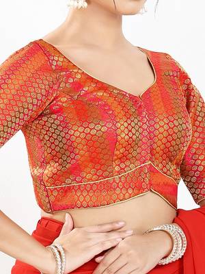 Women's brocade padded front open elbow sleeves saree blouse 4