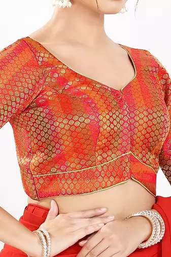 Women's brocade padded front open elbow sleeves saree blouse