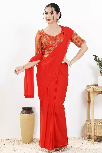 Women's brocade padded front open elbow sleeves saree blouse