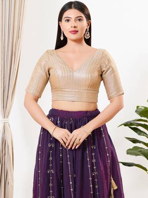Women's brocade padded back open elbow sleeves saree blouse 1
