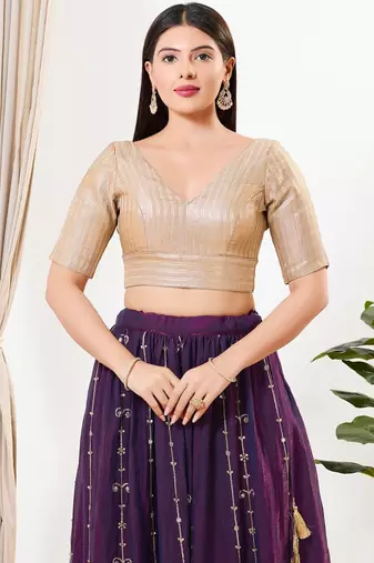 Women's brocade padded back open elbow sleeves saree blouse