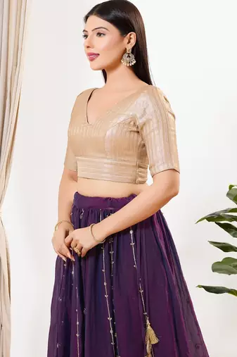 Women's brocade padded back open elbow sleeves saree blouse