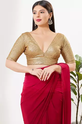 Women's silk padded back open elbow sleeves saree blouse