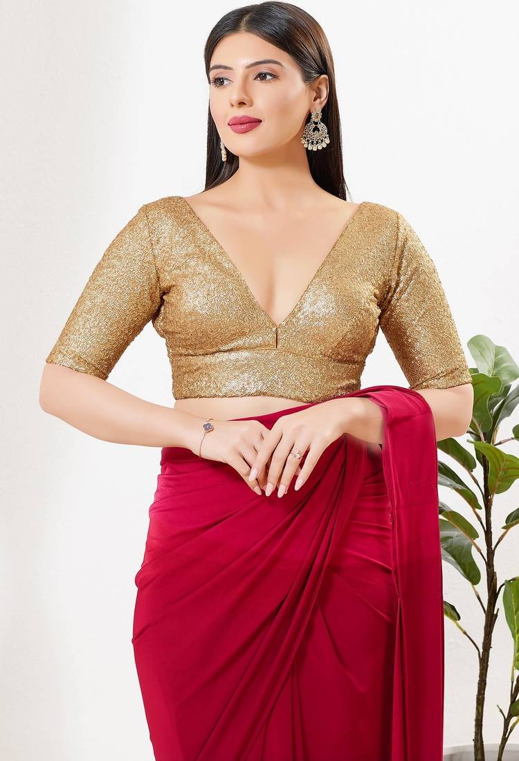 Women's silk padded back open elbow sleeves saree blouse