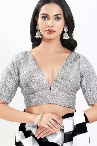 Women's silk padded back open elbow sleeves saree blouse