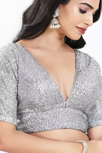 Women's silk padded back open elbow sleeves saree blouse