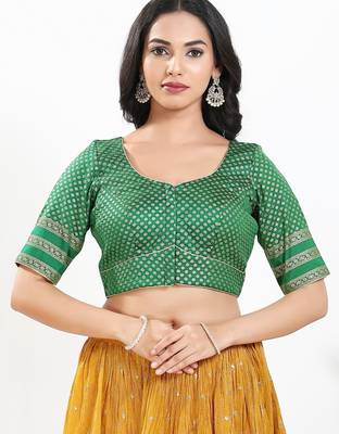 Women's brocade padded front open elbow sleeves saree blouse 1