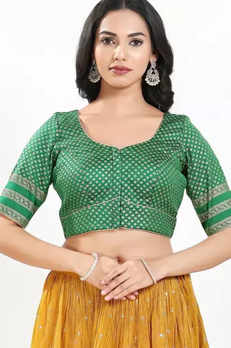 Women's brocade padded front open elbow sleeves saree blouse