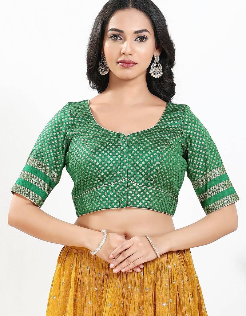 Women's brocade padded front open elbow sleeves saree blouse
