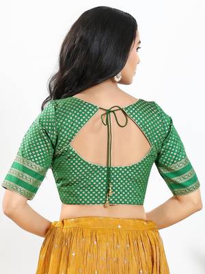 Women's brocade padded front open elbow sleeves saree blouse 2
