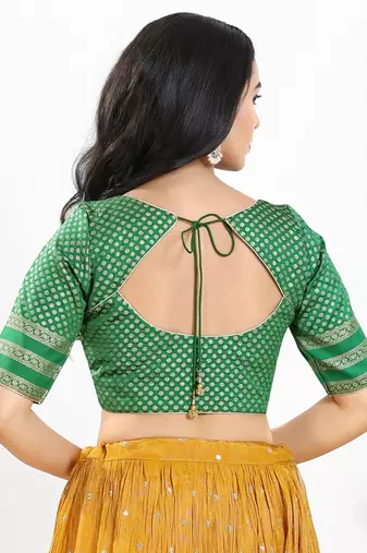 Women's brocade padded front open elbow sleeves saree blouse