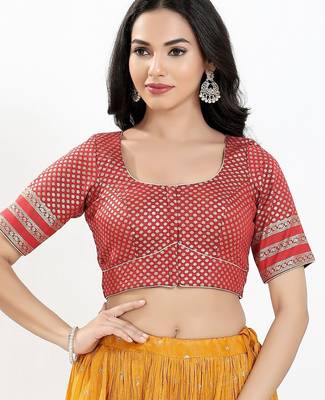Women's brocade padded front open elbow sleeves saree blouse 1