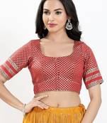 Women's brocade padded front open elbow sleeves saree blouse