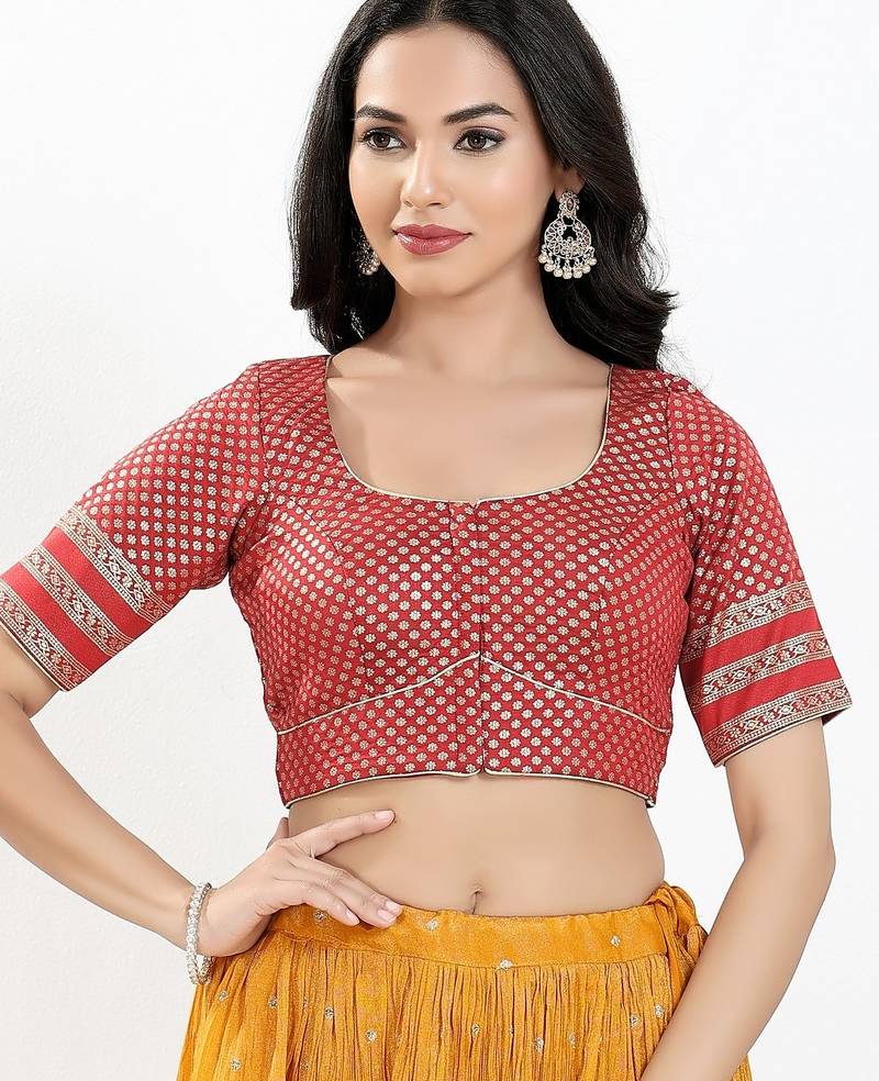Women's brocade padded front open elbow sleeves saree blouse