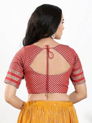 Women's brocade padded front open elbow sleeves saree blouse 2