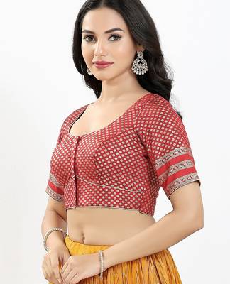 Women's brocade padded front open elbow sleeves saree blouse 3
