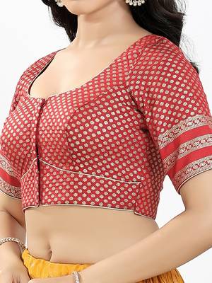 Women's brocade padded front open elbow sleeves saree blouse 4