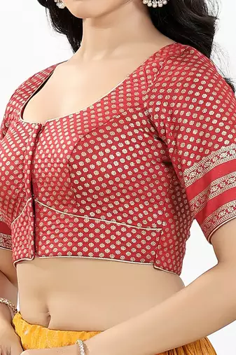Women's brocade padded front open elbow sleeves saree blouse