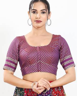 Women's brocade padded front open elbow sleeves saree blouse 1