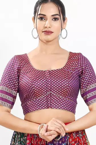 Women's brocade padded front open elbow sleeves saree blouse
