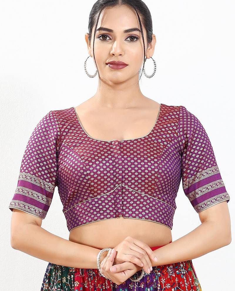 Women's brocade padded front open elbow sleeves saree blouse