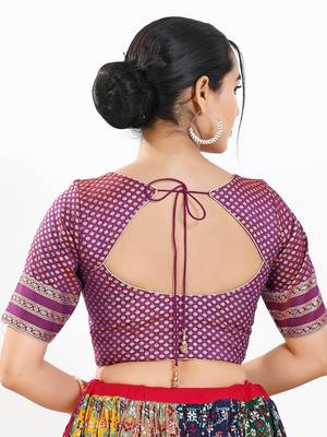 Women's brocade padded front open elbow sleeves saree blouse 2
