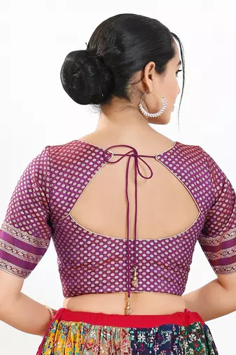 Women's brocade padded front open elbow sleeves saree blouse