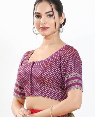 Women's brocade padded front open elbow sleeves saree blouse 3