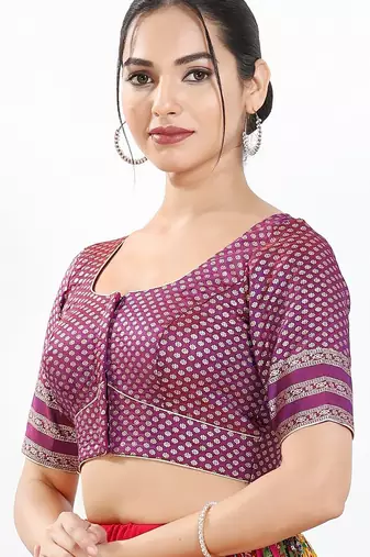 Women's brocade padded front open elbow sleeves saree blouse