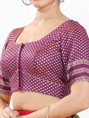 Women's brocade padded front open elbow sleeves saree blouse 4