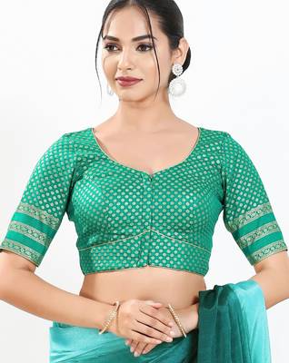 Women's brocade padded front open elbow sleeves saree blouse 1