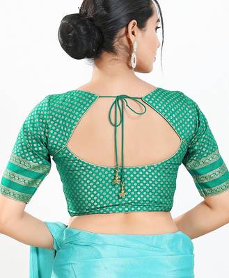 Women's brocade padded front open elbow sleeves saree blouse 2
