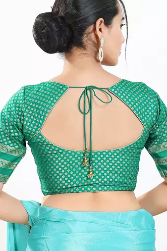 Women's brocade padded front open elbow sleeves saree blouse