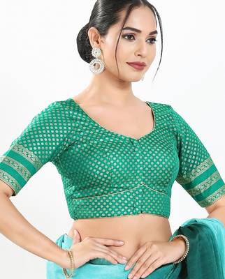 Women's brocade padded front open elbow sleeves saree blouse 3