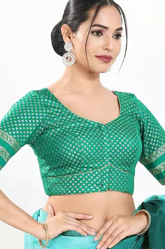 Women's brocade padded front open elbow sleeves saree blouse