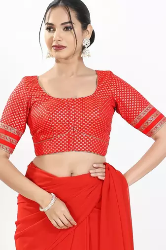 Women's brocade padded front open elbow sleeves saree blouse