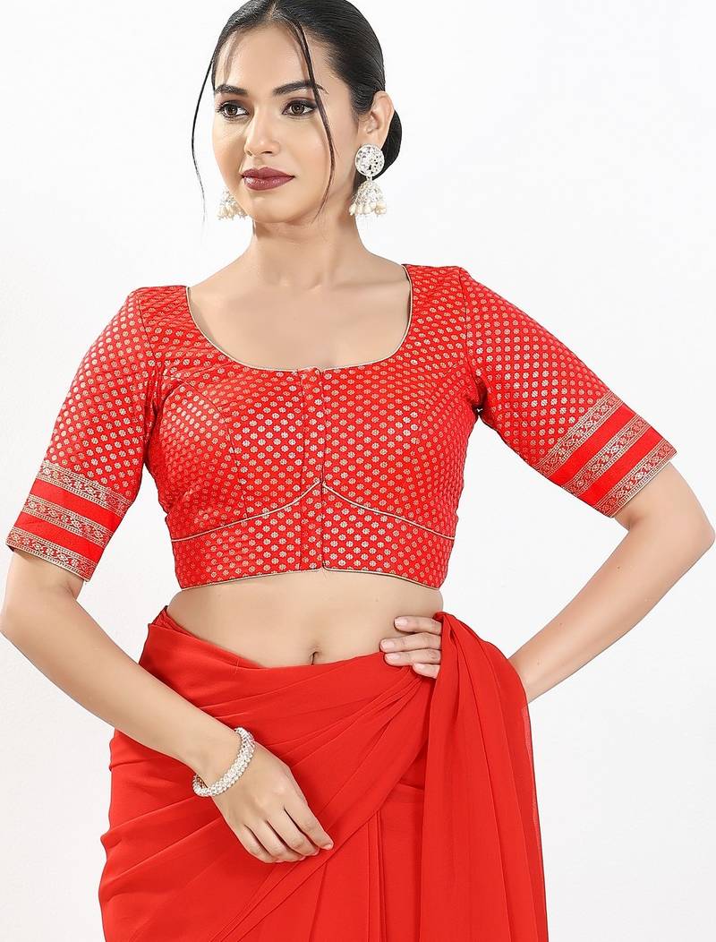 Women's brocade padded front open elbow sleeves saree blouse