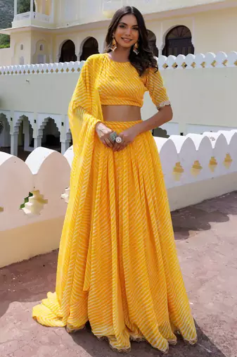 Enchanting Yellow Laheriya Printed Haldi Wear Lehenga Choli With Dupatta