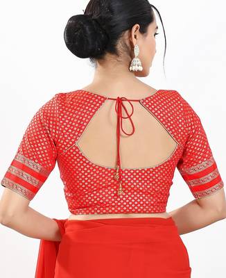 Women's brocade padded front open elbow sleeves saree blouse 2