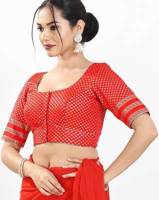 Women's brocade padded front open elbow sleeves saree blouse 3