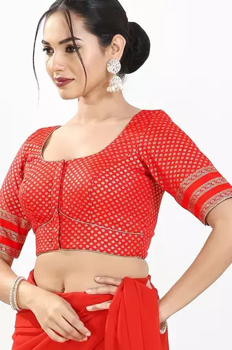 Women's brocade padded front open elbow sleeves saree blouse