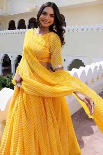 Enchanting Yellow Laheriya Printed Haldi Wear Lehenga Choli With Dupatta