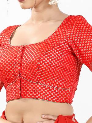 Women's brocade padded front open elbow sleeves saree blouse 4