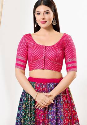 Women's brocade padded front open elbow sleeves saree blouse 1