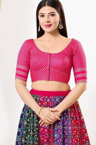 Women's brocade padded front open elbow sleeves saree blouse