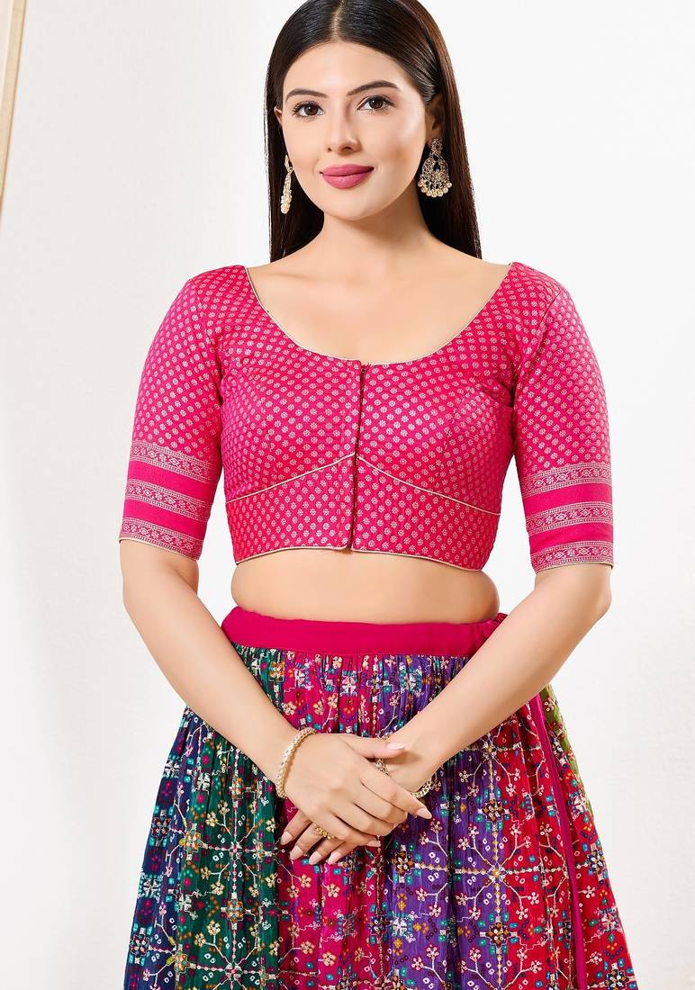 Women's brocade padded front open elbow sleeves saree blouse