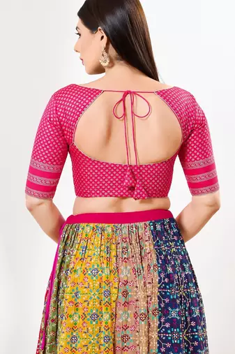 Women's brocade padded front open elbow sleeves saree blouse