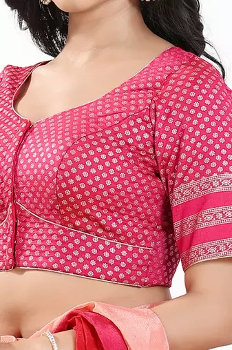 Women's brocade padded front open elbow sleeves saree blouse